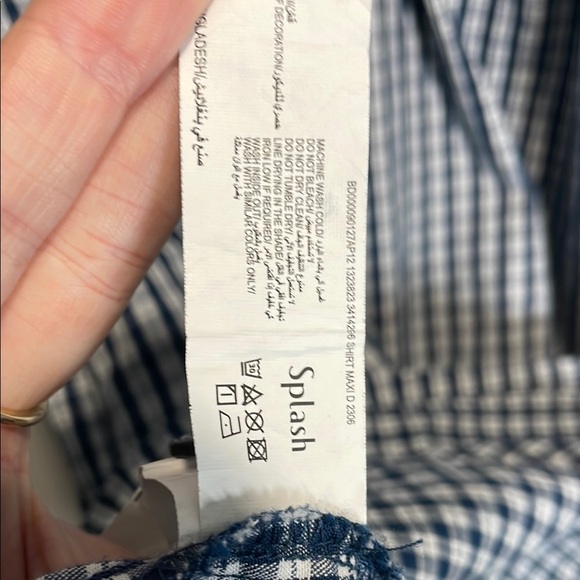 Splash - White and Navy Blue Gingham Long Sleeve Shirt Dress - Picture 7 of 10